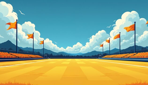 Flat illustration of polo field with orange seats and flags under bright blue sky. Mountains and clouds form a scenic backdrop. Sports venue graphics.