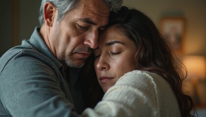 Obraz premium Couple embrace indoors. Man looks down with worried face, woman closes eyes in comfort. Tender moment of support, love, and intimacy shared between partners facing difficulty, offering solace.