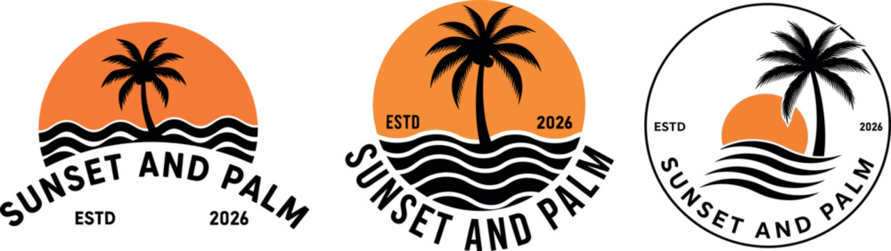 Variations of the sunset and palm logo designs for estd 2026 branding