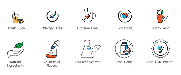Fototapeta premium ealthy beverage and ethical sourcing food label vector line icons, including fresh juice, fair trade, farm fresh, and caffeine-free symbols for product packaging.