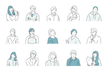 男女アバター上半身ーオシャレシンプル線画アイコンセットベクターイラスト素材