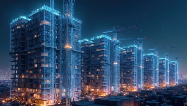 Skyscraper construction project at night. Modern buildings rise against dark sky with cranes operating. City skyline glows with lights below.