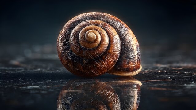 Brown Spiral Snail Shell with Reflection on Dark Marble Surface
