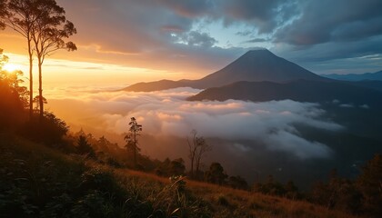Obraz premium Majestic mountain peak emerges from sea of clouds at sunrise. Golden sunbeams illuminate trees and grassy slope. Dramatic sky with warm orange and cool blue hues.