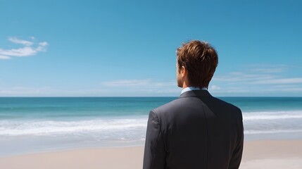 Fototapeta premium A businessman in a suit contemplates the ocean horizon from a serene beach symbolizing future success and ambition