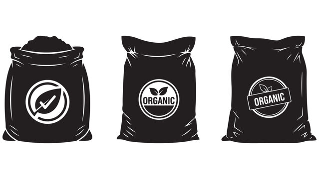 Garden Mulch Bag Set with Organic Certification Mark Icon &mdash; Minimal Black-and-White Solid Silhouette Vector, Isolated on White