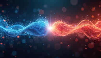 Fototapeta premium Abstract blue and red energy waves clash in dark space. Particles swirl creating light effects. Background has soft bokeh circles. Cosmic, futuristic theme.