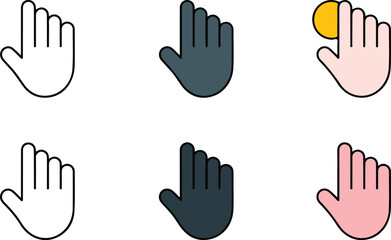 Fototapeta premium Set of three minimalist icons showing different hand gestures including thumbs up and waving in outline solid and various skin tones for communication and user interface concepts.