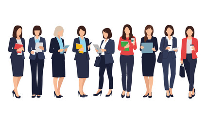 Fototapeta premium Row of professional women dressed in various stylish business outfits including suits and blazers, ready for a day of work in the office.