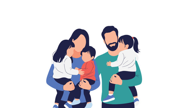 Happy family with a father and mother holding their three young children in their arms, representing love, unity, and parenthood together.