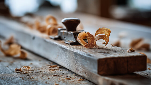 jointer. Close-up of a woodworking blade pressing against a wooden board, creating shavings. safety posters, maintenance manuals, designed for precision metalworking and fabrication facilities.