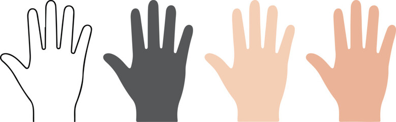 Obraz premium Set of four minimalist icons of human hands in different skin tones and styles including outline and solid for communication diversity and greeting concepts.