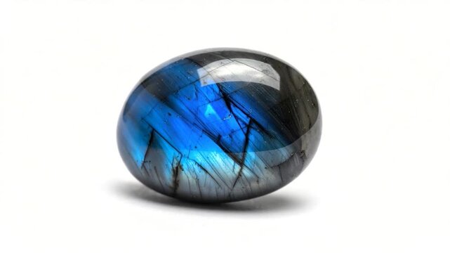 A polished, iridescent gemstone with a predominantly blue hue, set against a bright white background