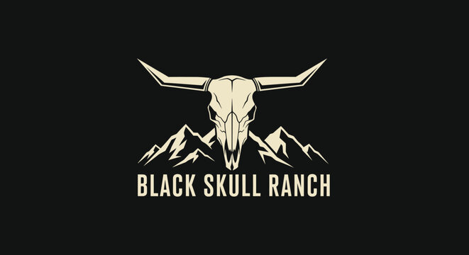 Black Skull Ranch Logo Depicting Skull, Mountains, and Text on Black Background.