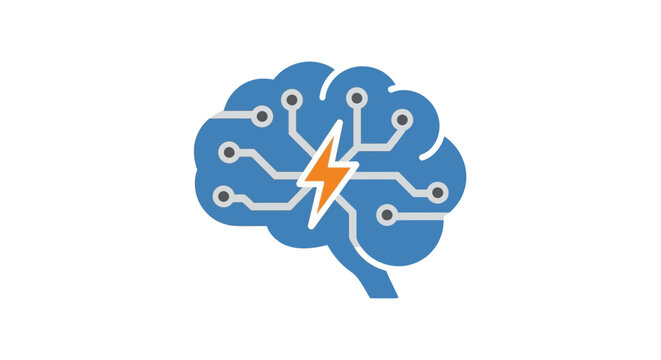 Brain and technology concept showing neural network with lightning bolt for ideas