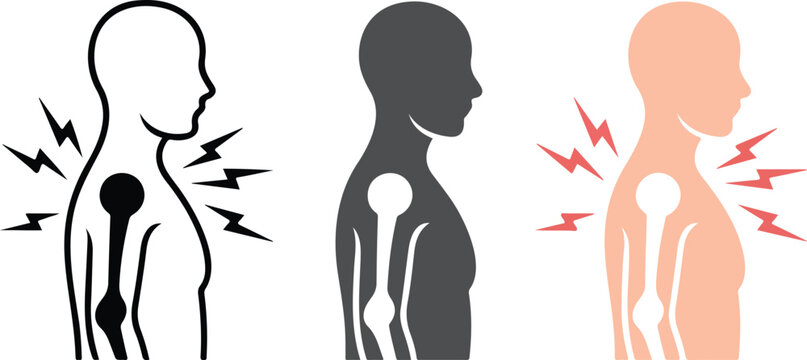 Set of three minimalist human shoulder and upper back icons with pain symbols for orthopedic health physical therapy and posture concepts isolated on white.