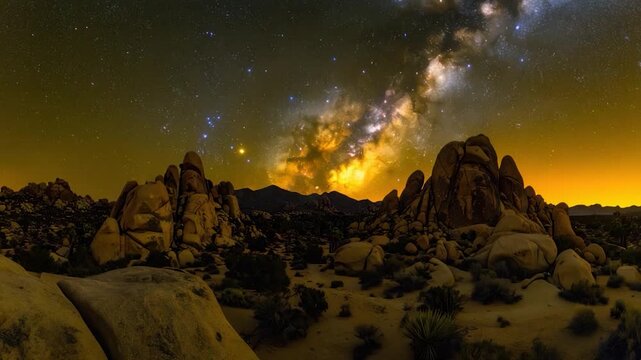 Desert rocks under starry sky, Milky Way ablaze in the golden night glow