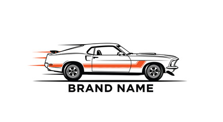 Fototapeta premium Classic muscle car speeding with orange stripe and brand name logo.