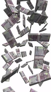 Vertical Botswana Money, Falling Botswana Pula Bills, Cash Stacks Isolated on White, 4K