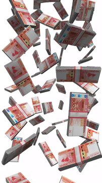 Vertical French Polynesia Money, Falling CFP Franc Bills, Cash Stacks Isolated on White, 4K