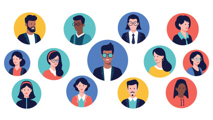 Fototapeta premium Diverse set of people avatars in colorful circular frames, representing a global community, social network, and inclusive human connection.