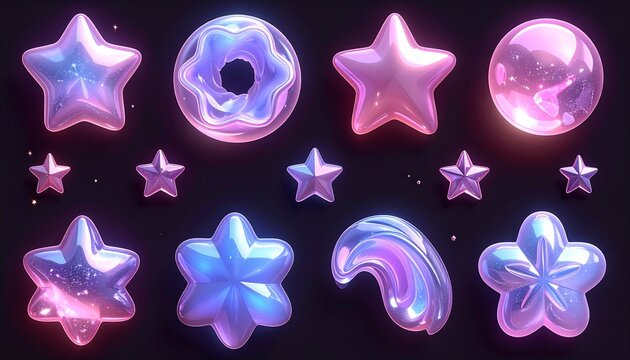 Set of 3D Iridescent Glossy Glass Shapes, Purple and Pink Glowing Stars, Spheres, and Abstract 3D Icons for Cosmic Creative Design