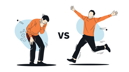 Fototapeta premium Comparison between an unhealthy man suffering from pain and a healthy man jumping with joy to represent recovery and wellness after treatment.