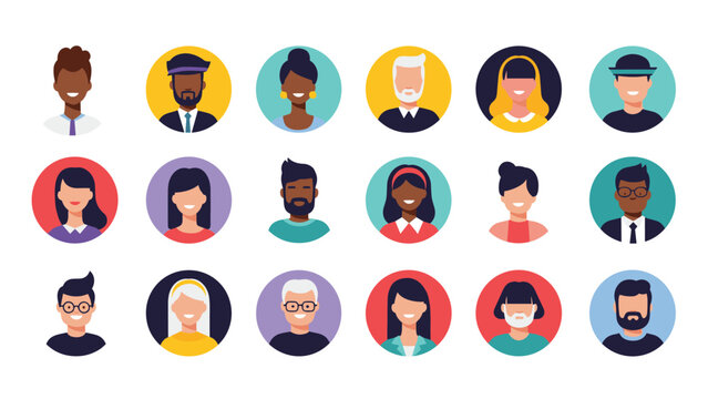 Diverse collection of eighteen round avatar icons showing people of different ages, ethnicities, and professions for web or mobile app design.