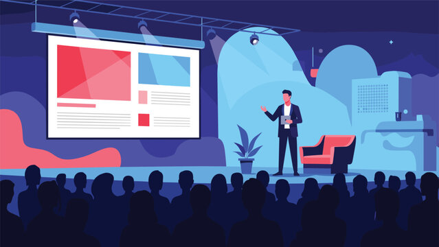 Professional speaker giving a keynote presentation to a large audience sitting in a dark theater while a large screen shows various slides.