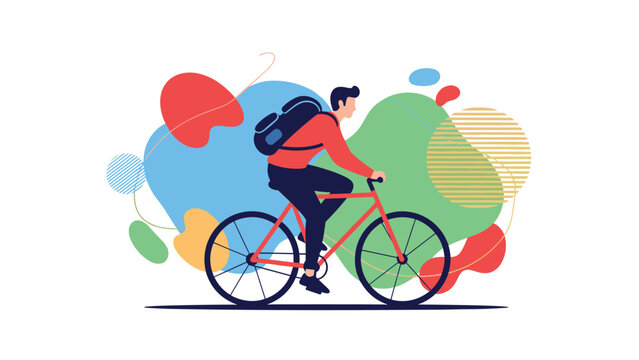 Young man with a backpack riding a bicycle on a white background with colorful abstract shapes representing mobility and freedom.