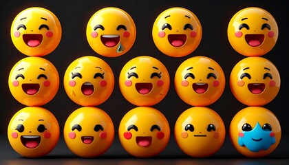 Obraz premium Group of 3D Glossy Yellow Emoji Characters with Diverse Happy Facial Expressions on Black Background