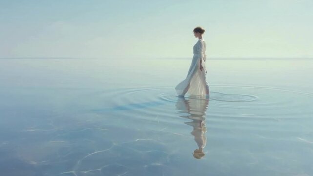 水面に佇む神秘的な女性シルエット・幻想的で静寂な背景動画素材