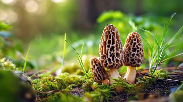 Fresh spring morel mushrooms growing in a forest clearing among green moss and young grass, soft morning light, shallow depth of field, natural earthy tones