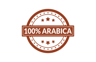 Obraz premium A circular brown stamp design with a white background featuring the text 100% arabica and stars Vector, illustration Stamp Icon.