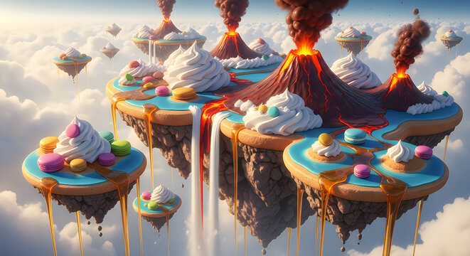 dreamlike aerial view of floating pastry islands for baking day, whipped cream cloud continents dotted with chocolate lava volcanoes and macaron atolls, golden syrup rivers cascading into void