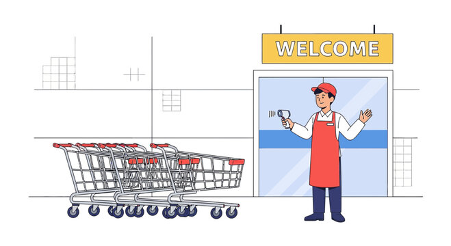 Friendly greeter welcomes shoppers with shopping carts at supermarket entrance