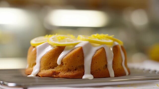 Delicious lemon bundt cake with white icing glaze and lemon slices on a wire cooling rack