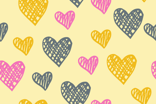 Scribble heart shapes vector seamless pattern. Love concept background. Holiday positive print. Scribble texture hearts ornament. Valentine Day wrapping paper. Romantic fabric print.