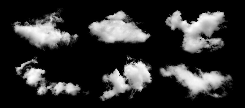 Collection of realistic white cloud isolated on black background, high resolution cloud shapes and vapor textures, perfect for sky compositing, design overlays, weather concepts.