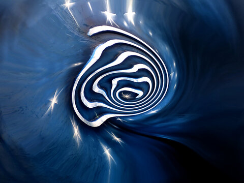 Vortice astratto di luce blu e bianca: tunnel cosmico dinamico con scintille luminose 424b