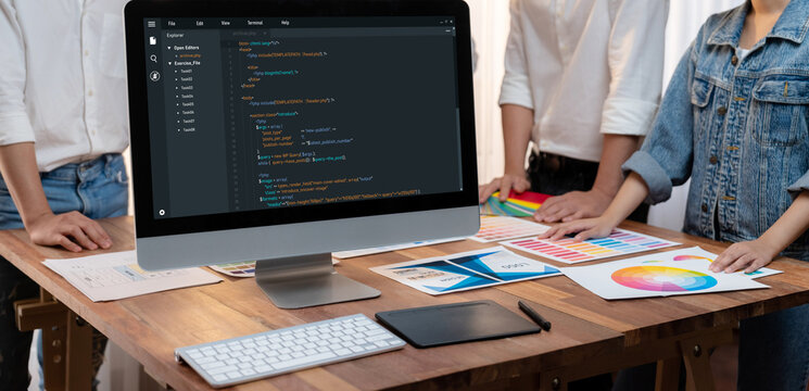 Software development programming on computer screen for brisk application and program coding