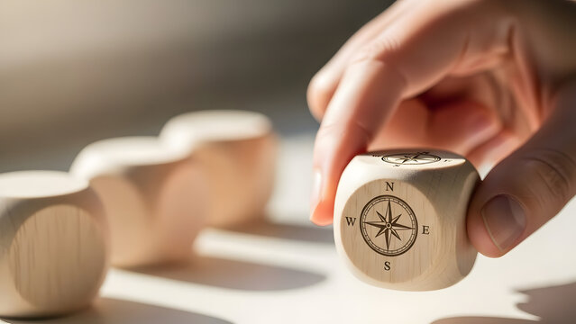 Hand holding wooden cube with compass symbol, decision making, direction, stock media