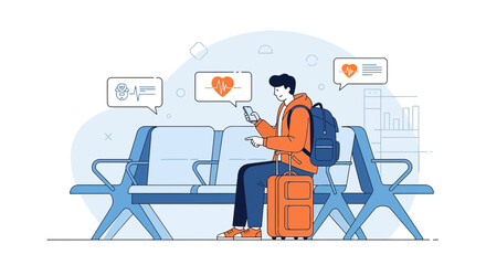 Fototapeta premium Man checking health app on phone at airport waiting area with luggage