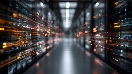 Obraz premium Abstract Digital Server Room with Blurry Orange Lights and Data Flow