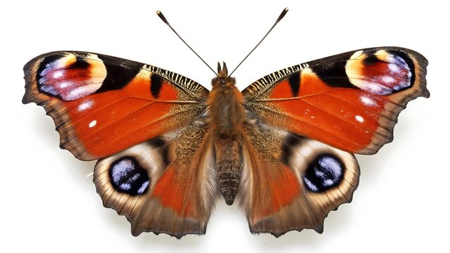 Isolated peacock butterfly showing its beautiful wings with distinctive eye-like markings,butterfly, insect, isolated, white, wings, wing, animal, nature, macro, orange, beautiful, closeup, red, anten