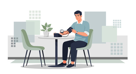Fototapeta premium Man checks blood pressure at home, health monitoring, self-care, modern lifestyle