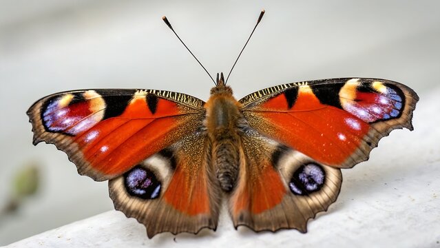 Isolated peacock butterfly showing its beautiful wings with distinctive eye-like markings,butterfly, insect, isolated, white, wings, wing, animal, nature, macro, orange, beautiful, closeup, red, anten