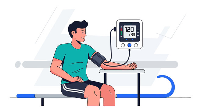 Man checks blood pressure with digital monitor, healthcare concept illustration