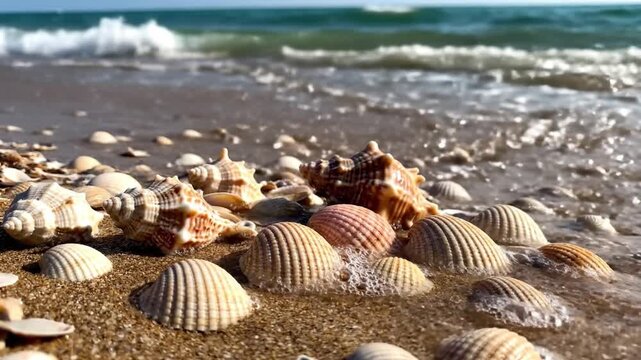Seashell sand ocean beach wave summer nature coastline shell water relaxation vacation marine tropical shore sea outdoor landscape peaceful natural sunny aquatic surf foam horizon scenic create