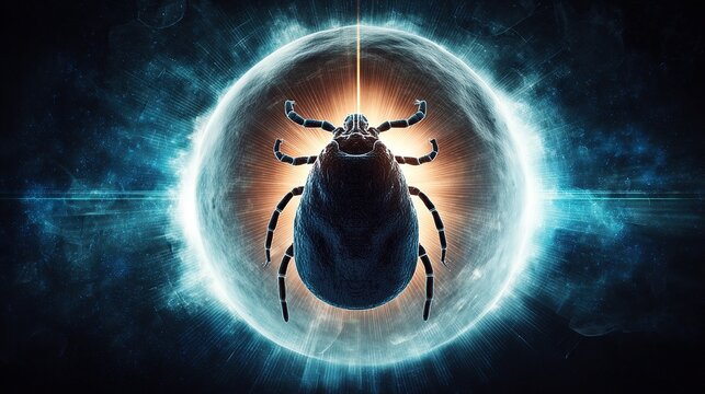 A detailed macro view of a tick against a protective light barrier, highlighting its menacing form.